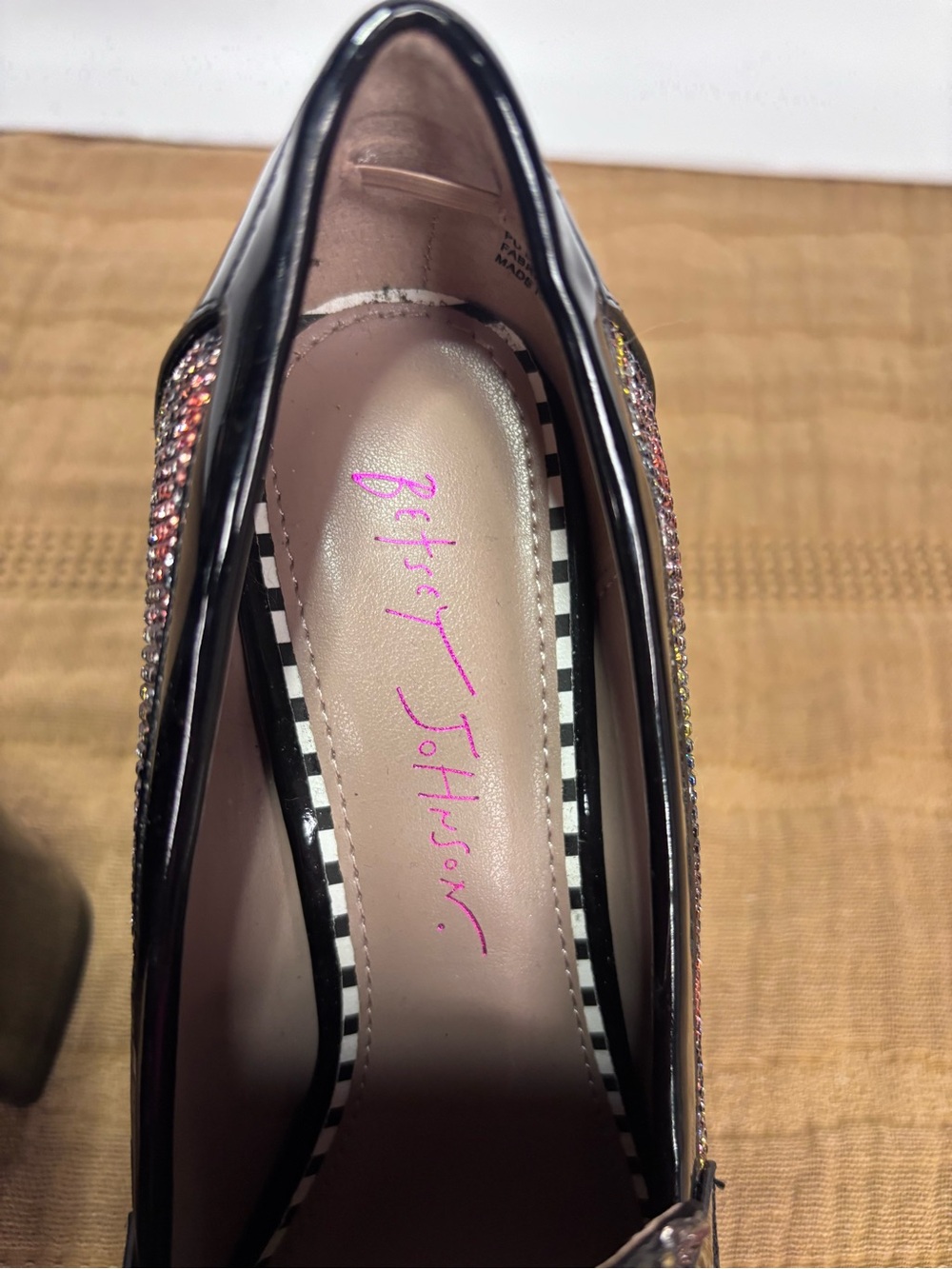 Betsey Johnson Black Patent Multicolor Beaded Block Heel Loafers - Picture 9 of 14